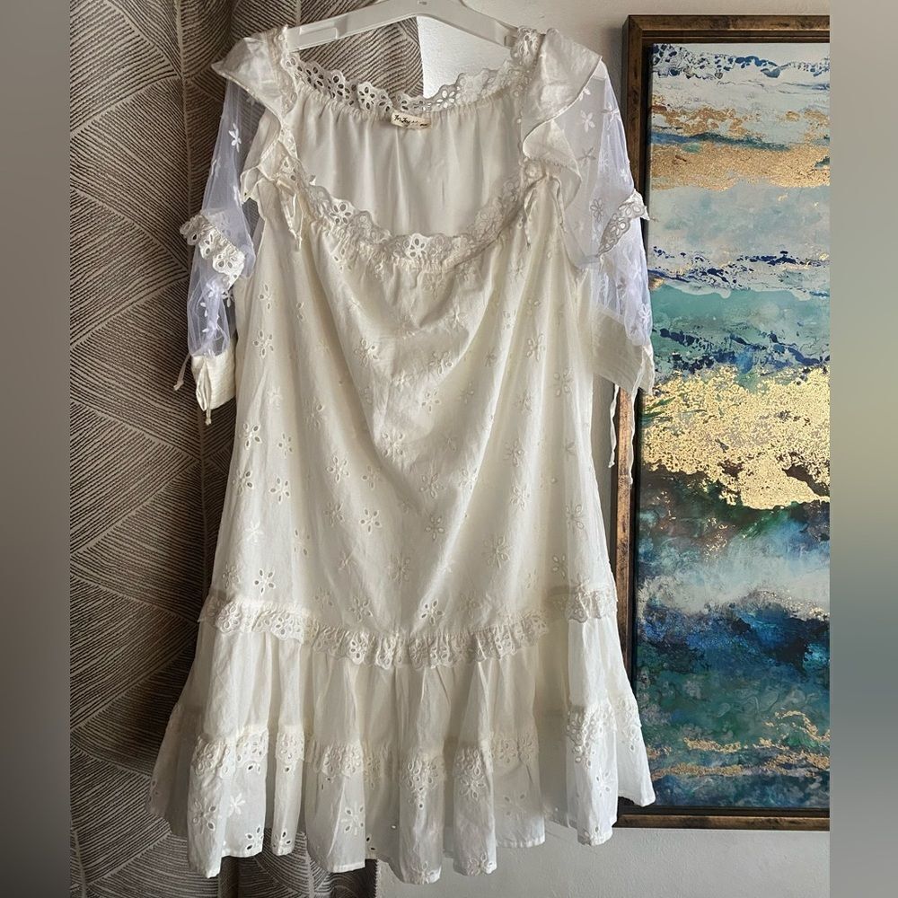 For Love And Lemons Hermosa Eyelet Mini Dress Tunic Beige Sz Small Tulle Sleeve - Picture 5 of 15